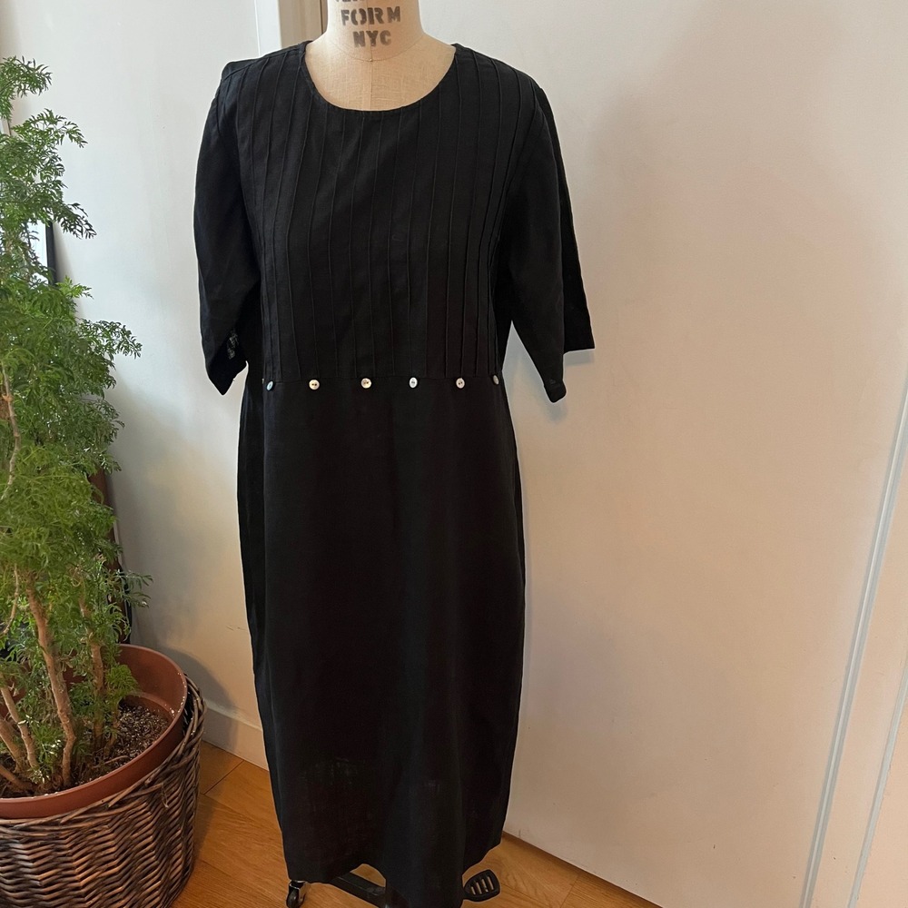 VTG 90's SWEET JESSIE Black Linen Lagenlook Minimalist Maxi Dress Size Large